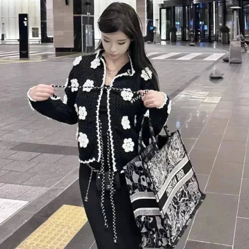 3D Knitted Cardigan Korean French Retro Small Fragrance Tied Jacket Women Outerwear Flower Collar Sweater Top New