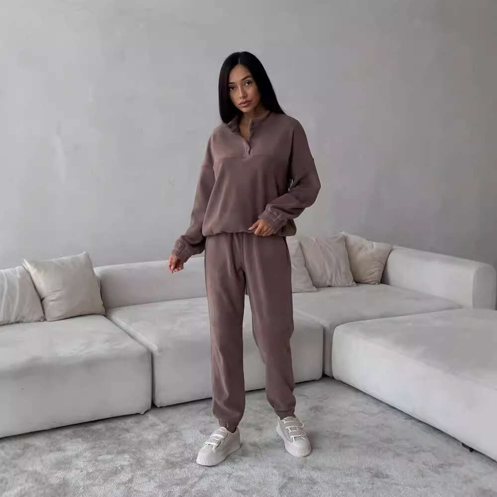 2026 European American cross-border new casual sweatshirt for women, solid color fleece top and long pants two-piece set