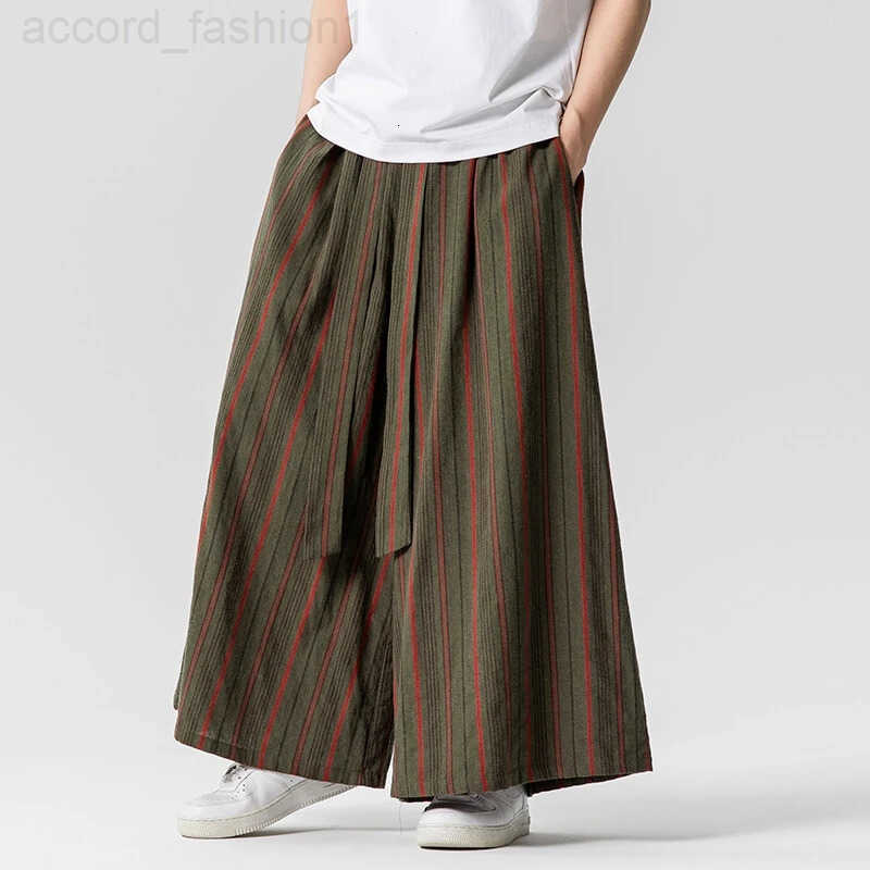 Striped Pants Mens Cotton Linen Comfortable Breathable Wide Leg Trousers Kimono Japanese Samurai Casual Loose Fashion Pants Men H260330