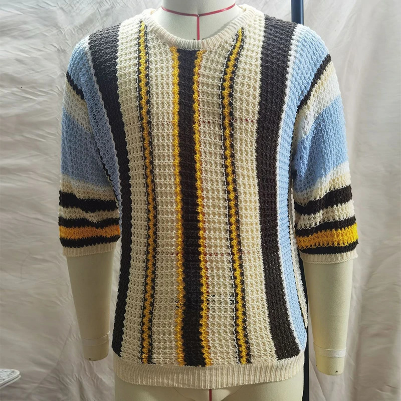 Beach Casual Breathable Hollow Out Knitted Tops Men Summer Jumpers Fashion Striped Crochet Knitting T-shirt Vintage Mens Clothes 260327