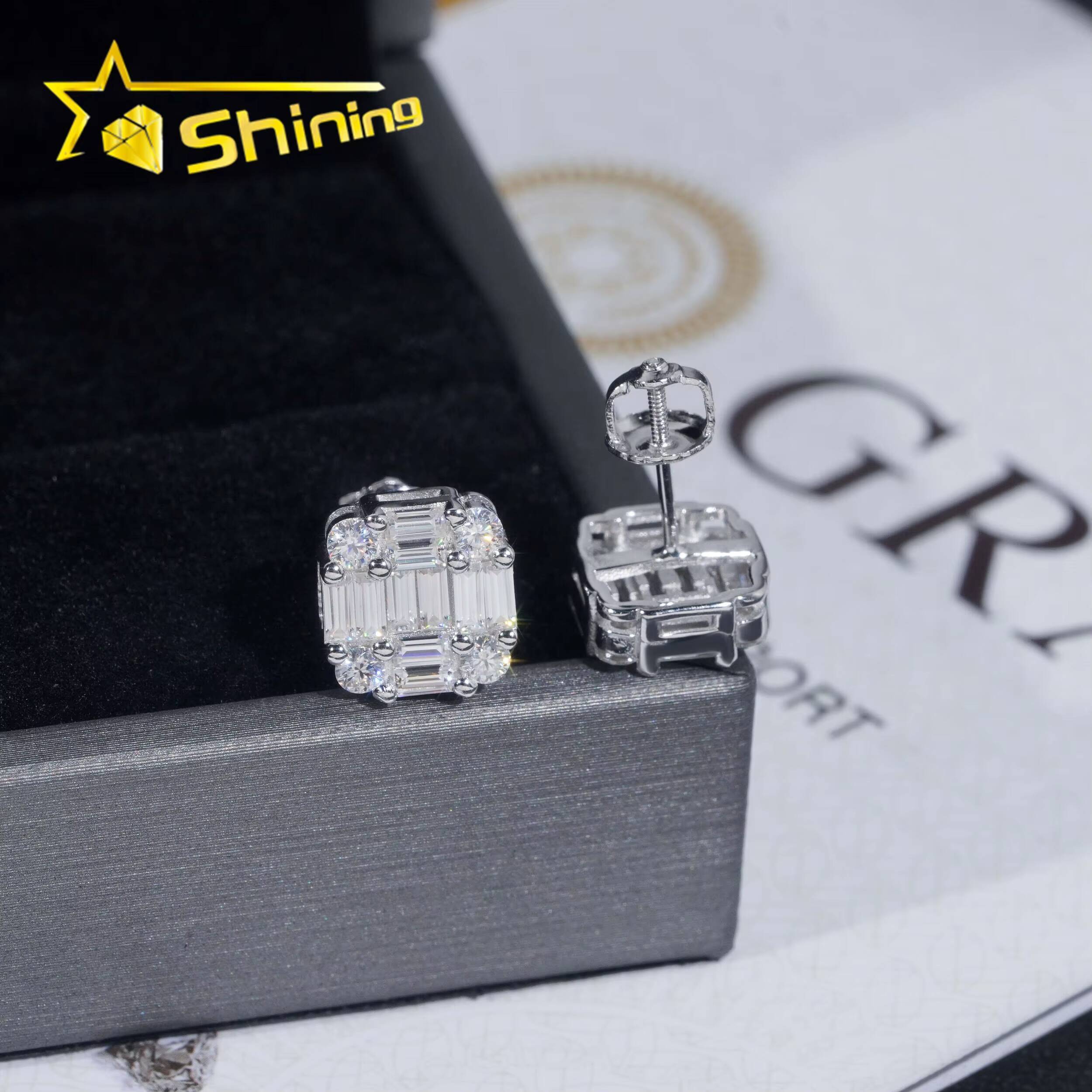 Ready to Ship Hip Hop Jewelry Pass Diamond Tester 925 Sterling Silver VVS Moissanite Diamond Classic Baguette Stud Earrings