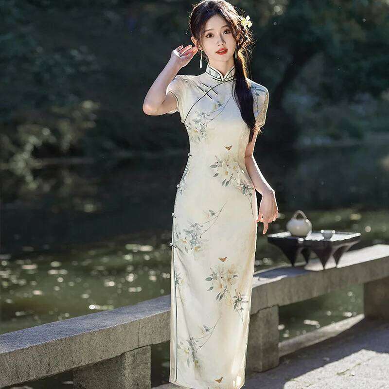 Qipao For Woman New Chinese Style Modern High End Silk Satin Yellow Green Oriental Event Costume Women Long Low Slit Cheongsam MAKOUFEI