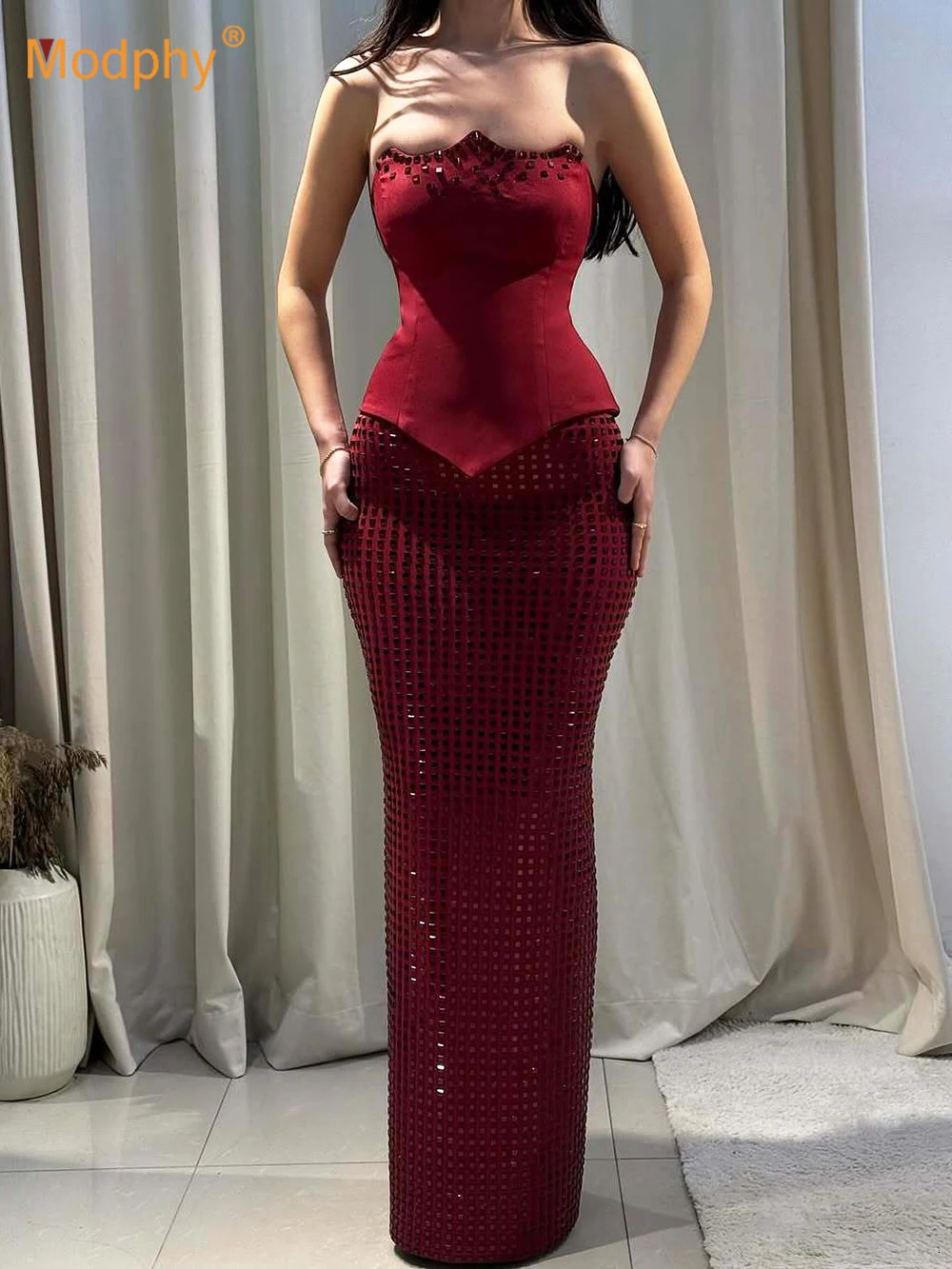 Modphy High Quality Burgundy Sleeveless Crystal Top Diamond Skirt Evening Party Set Nightclub Birthday Gown 260325