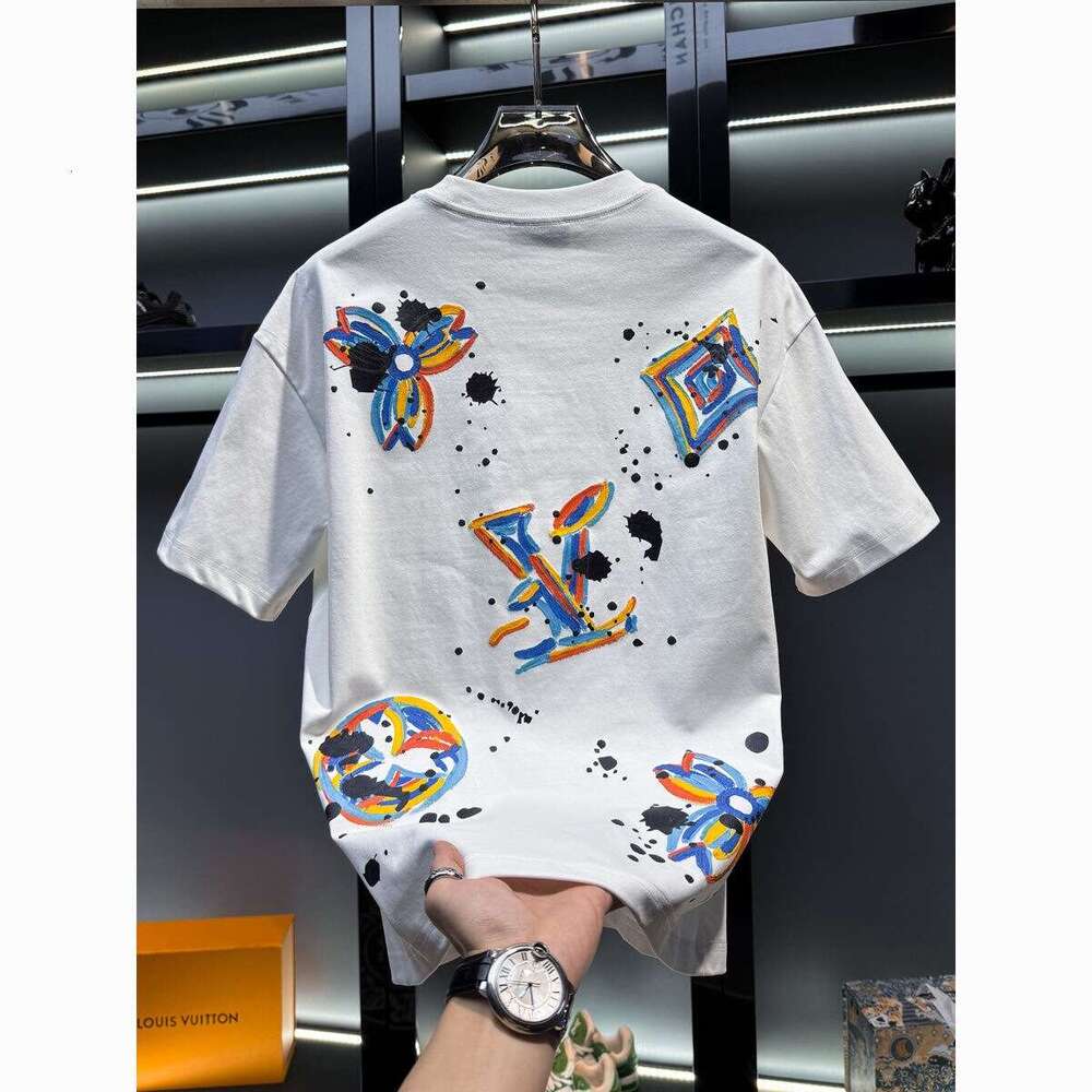 Men's American High-End Hand-Painted Graffiti Print Round Neck Short T-Shirt luxury Summer New Trendy European Style Half Sleeve