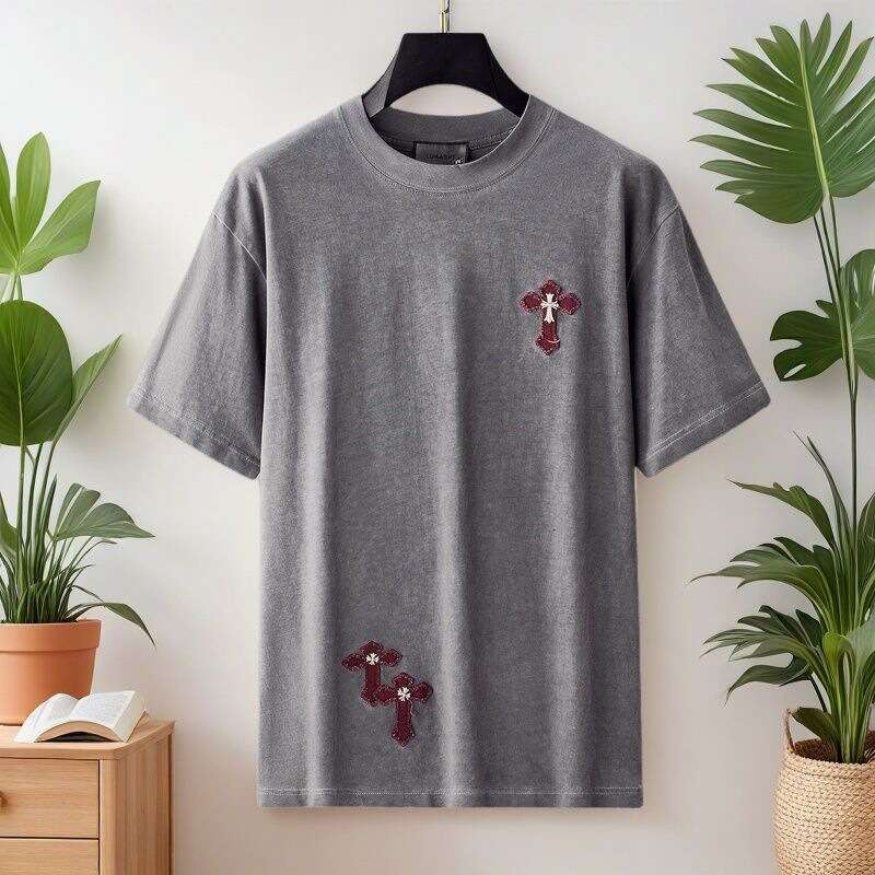 European style luxury summer trendy brand patch embroidery T-shirt, short-sleeved, heavy washed, vintage look, light luxury feel, loose fit top