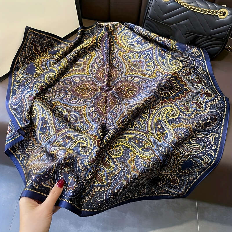 100% Mulberry Silk Blue Floral Breathable Square Scarf Elegant Accessory Non-Elastic Essential For Outdoor Decoration Liuyuemoshang