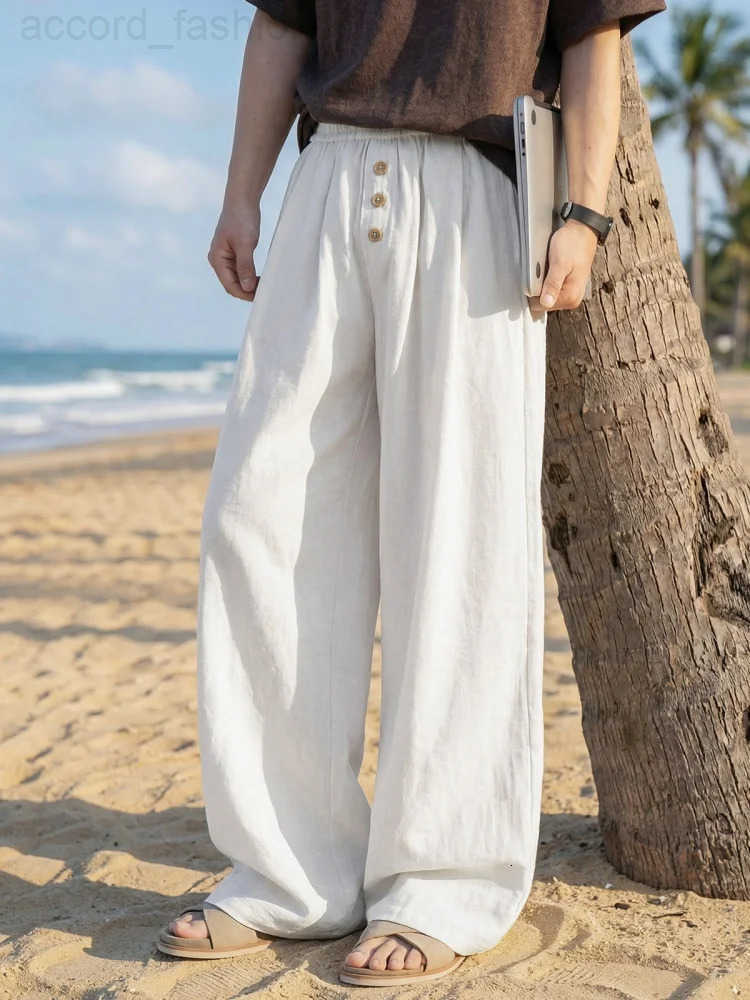 Mens Pleated Linen-Look Casual Trousers Colour-Blocked Buttons Cotton-Linen Texture Loose-Fit Straight-Leg Trousers H260330