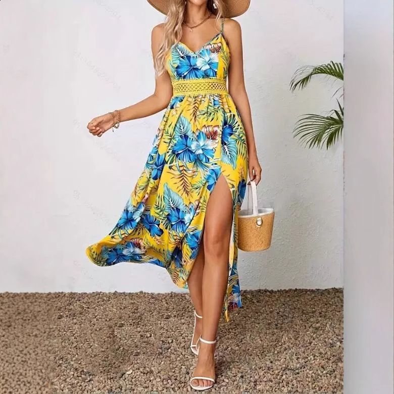 Sexy Print High Slit Cami Maxi Dress for Women Summer Fashion Vacation Clothing Womens Sunflower Spaghetti Strap Dresses