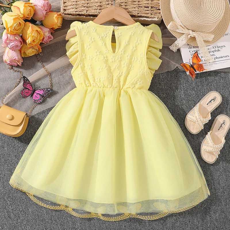 Dress For Girls Yellow O-Neck Fly-Sleeve Tulle Bowknot 8-12 Years Summer Elegant Sweet Style Princess Dress kids ClothingT260330