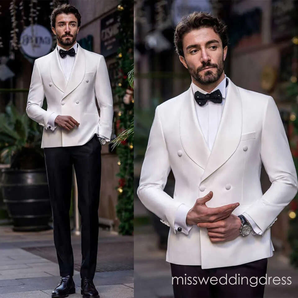 Elegant Wedding Tuxedos 2 Piece Set White Jacket Black Pants Men Suit Shawl Lapel Customized Groom Wear Party Suits