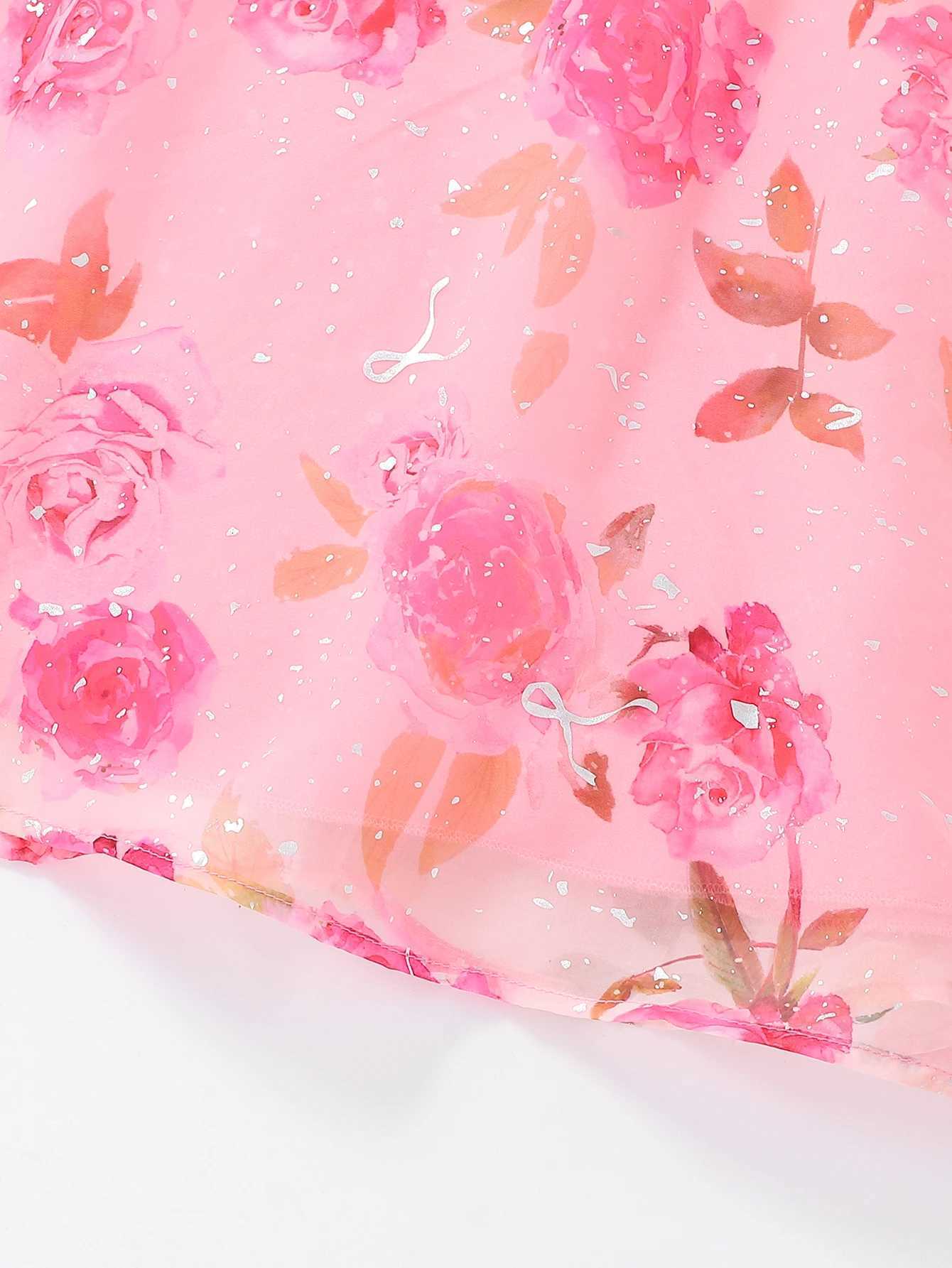 Girls Pink Rose Print Hanging Neck Princess Dress Childrens Sequin Tulle Gown Elegant Party Wear for KidsT260330