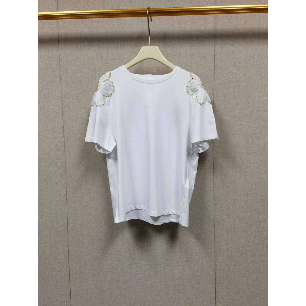 Ladies Bead Water Diamond Yarn Flower Shoulder Decoration T-Shirt 2025 Summer New 100% Cotton Short Sleeve All-Match Tee Mdng260330