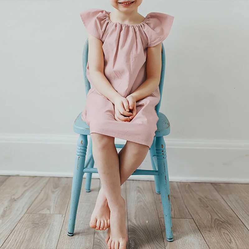 Girls Dresses Summer New Linen Bamboo Fiber Blend Solid Color Cute Little Flying Sleeve Princess Dresses Childrens ClothingT260330