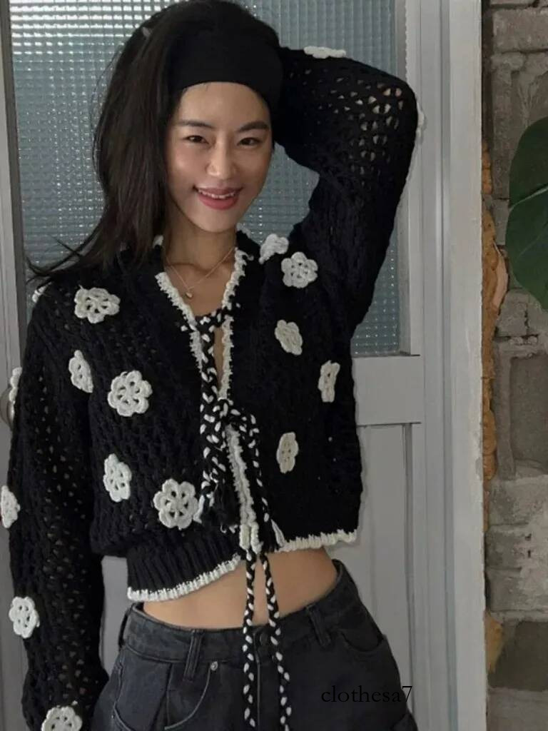 Chic Autumn Heavy Embroidery Long Sve Knitted Open Cardigan Women's Jaet Hollow out 3D Flower Design Commute Sle Faion