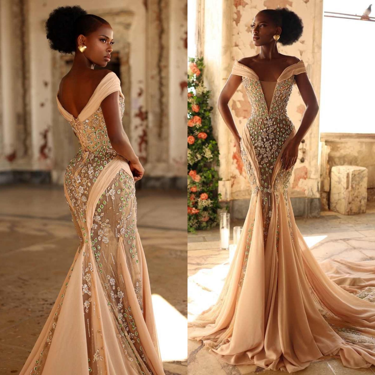 Sparkling Crystals Mermaid Prom Dresses Off Shoulder Sleeveless Evening Gown Beaded Celebrity Party Customized