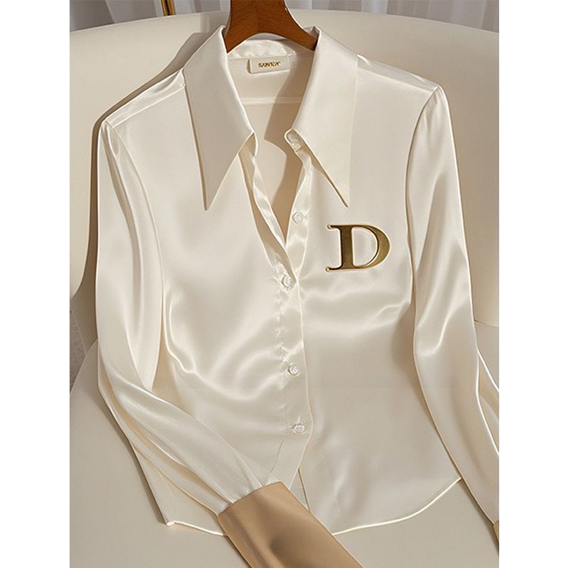 Luxury Fashion Women's Clothing 2026 Women's White Satin Blouse, French Style Light Luxury Top, Unique Designe Chic Shirt
