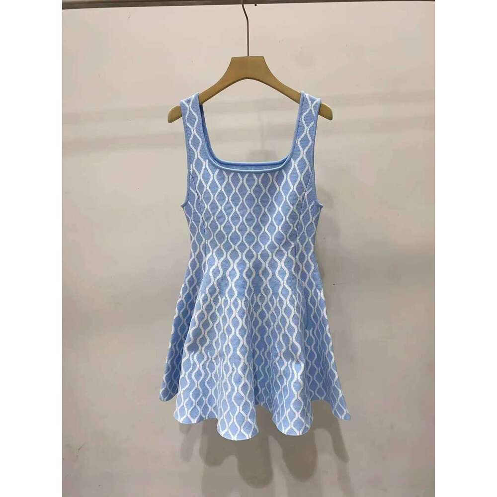 Women's Geometric Jacquard Knit Tank Dress Sweet High-Waisted Blue Or Black Sleeveless A-Line Short Robe Mdng260330