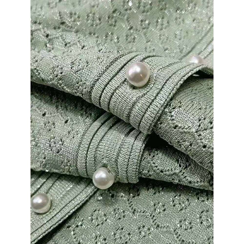 Summer New Fashion Green Knit Long Dress Women Elegant Temperament Pearl Button O-Neck Short Sleeve Slim Robe Ladies Mdng260330