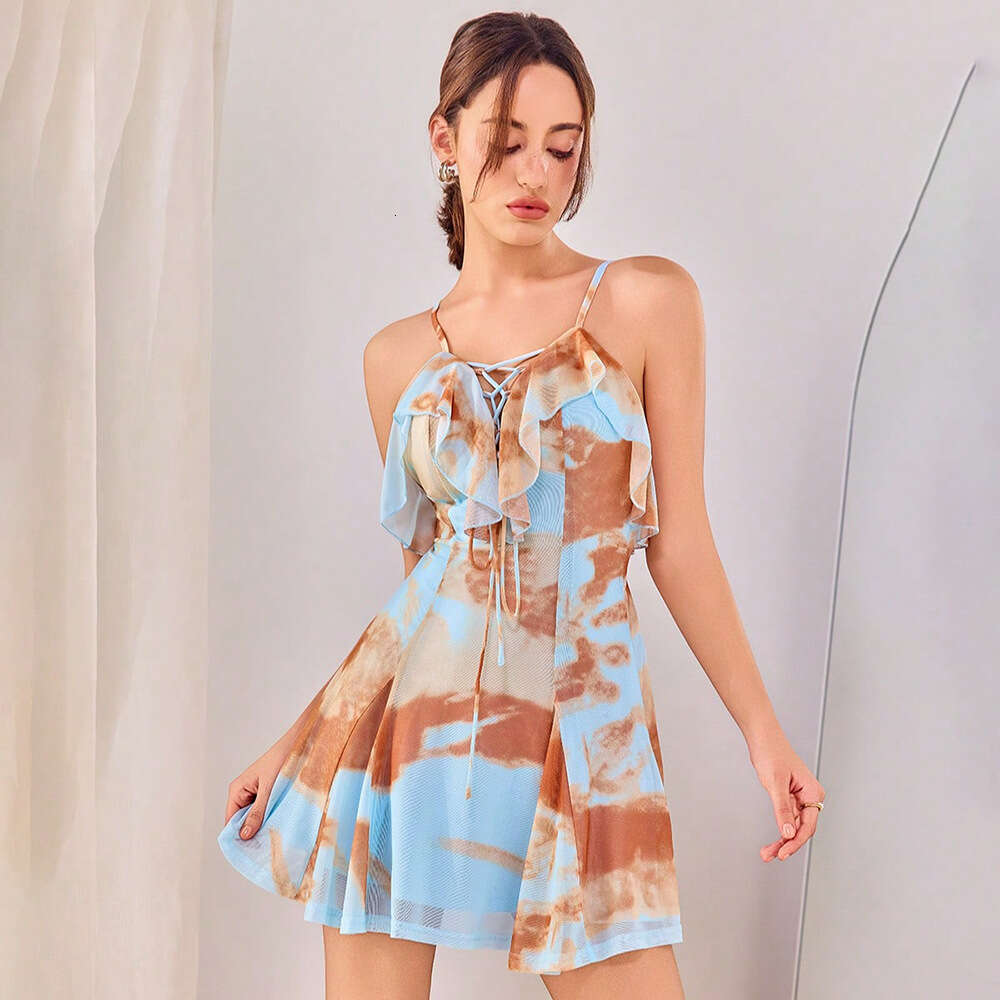 A10 2026 Summer New Designer European and American Women's Fashion Elegant Mesh Printed Beach Resort Style Strap Skirt