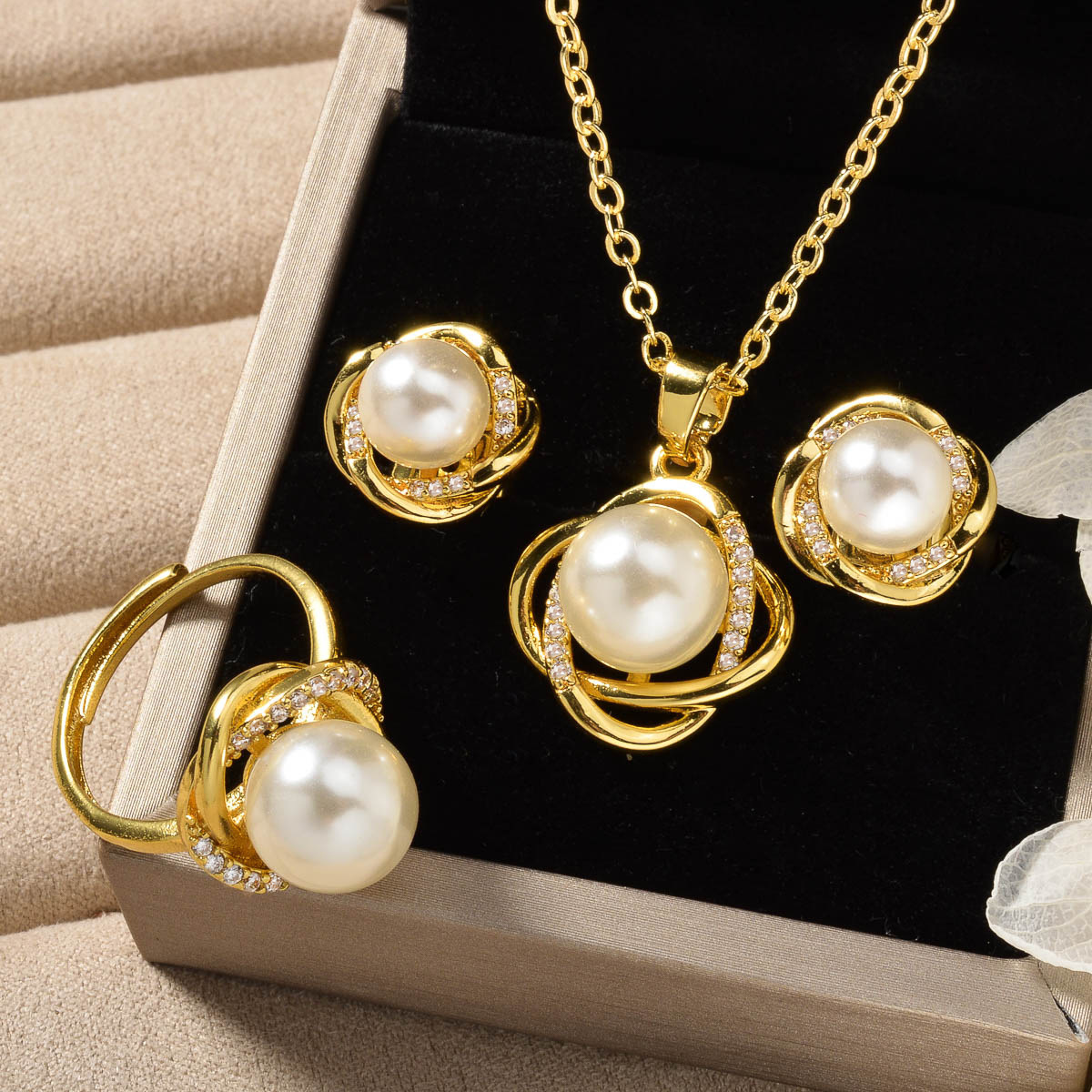 Necklace Earrings Jewelry Set Japanese Style Pearl Diamond-Studded Pendant With Butterfly And Flower Elements Necklace Earrings Ring Three-Piece Set I