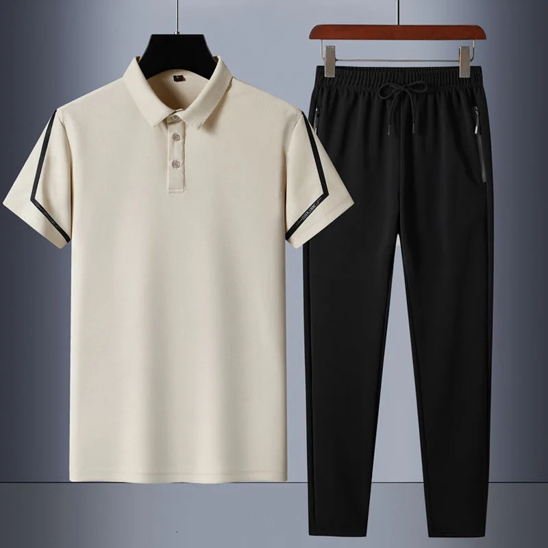 Summer Fashion Trend Solid Color POLO Shirt Set Mens Casual Relaxed Comfortable Breathable High-Grade Two-Piece Set 260324