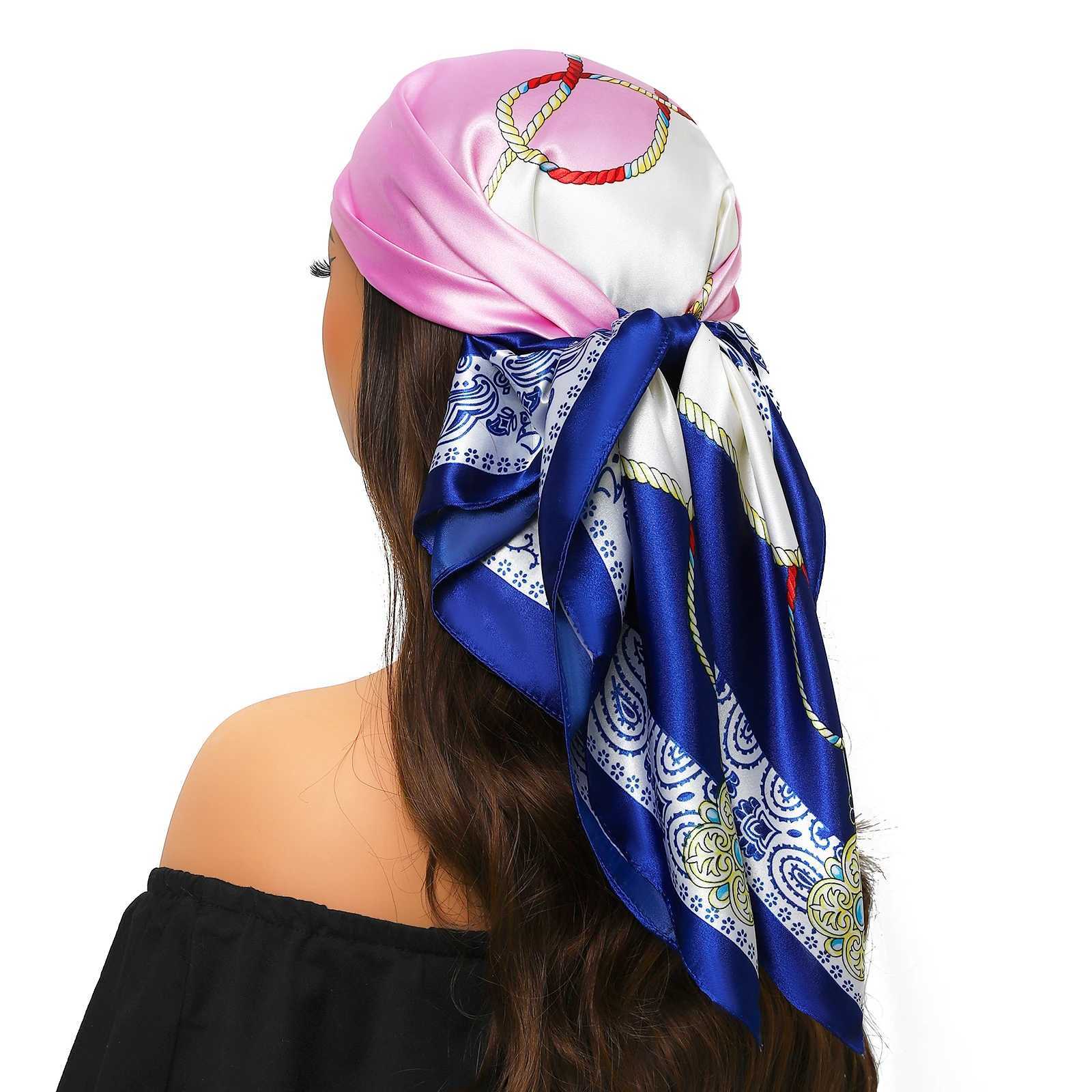 9090cm Silk Scarves Women Print Foulard Satin Square Head Hijab Ladies Luxury Brand Shawl Bandanna Female Muffler chiffen wrap Z260330