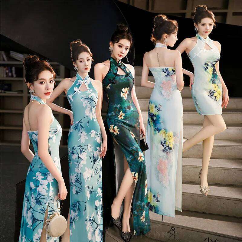 Green Blue Chinese National Cheongsam Women Summer Sexy Backless Sleeveless Floral Vintage Dress Long Qipao S To 5Xl MAKOUFEI
