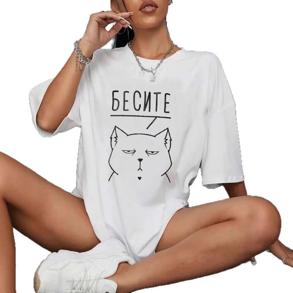 European And American Foreign Trade Cross Border Cotton Short Sleeve T Shirt For Women Loose Mid Length Printed Top New Summer Round Neck Base Shirt