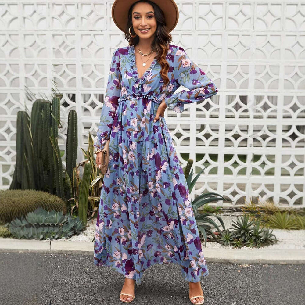2026 New Cross-Border Long-Sleeve European and American Women's Fashion Printed Elegant Long Evening Dress