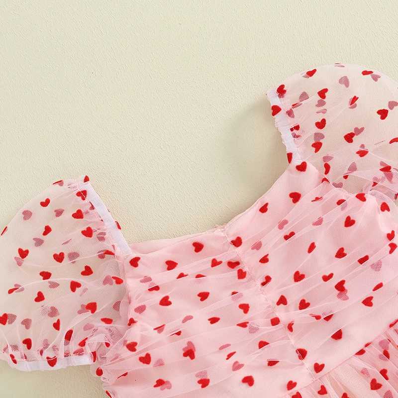 0-4Y Baby Girls Heart Print Tulle Dress Valentines Day Short Puff Sleeve A-line Dress Kids Princess Dresses Summer ClothesT260330