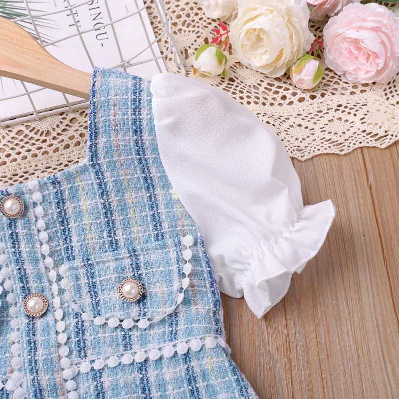 Humor Bear Kids Clothes Checked Pearl Buckle Floral Dress Cute Princess Dress Puff Sleeves With Small Fragrance DressT260330