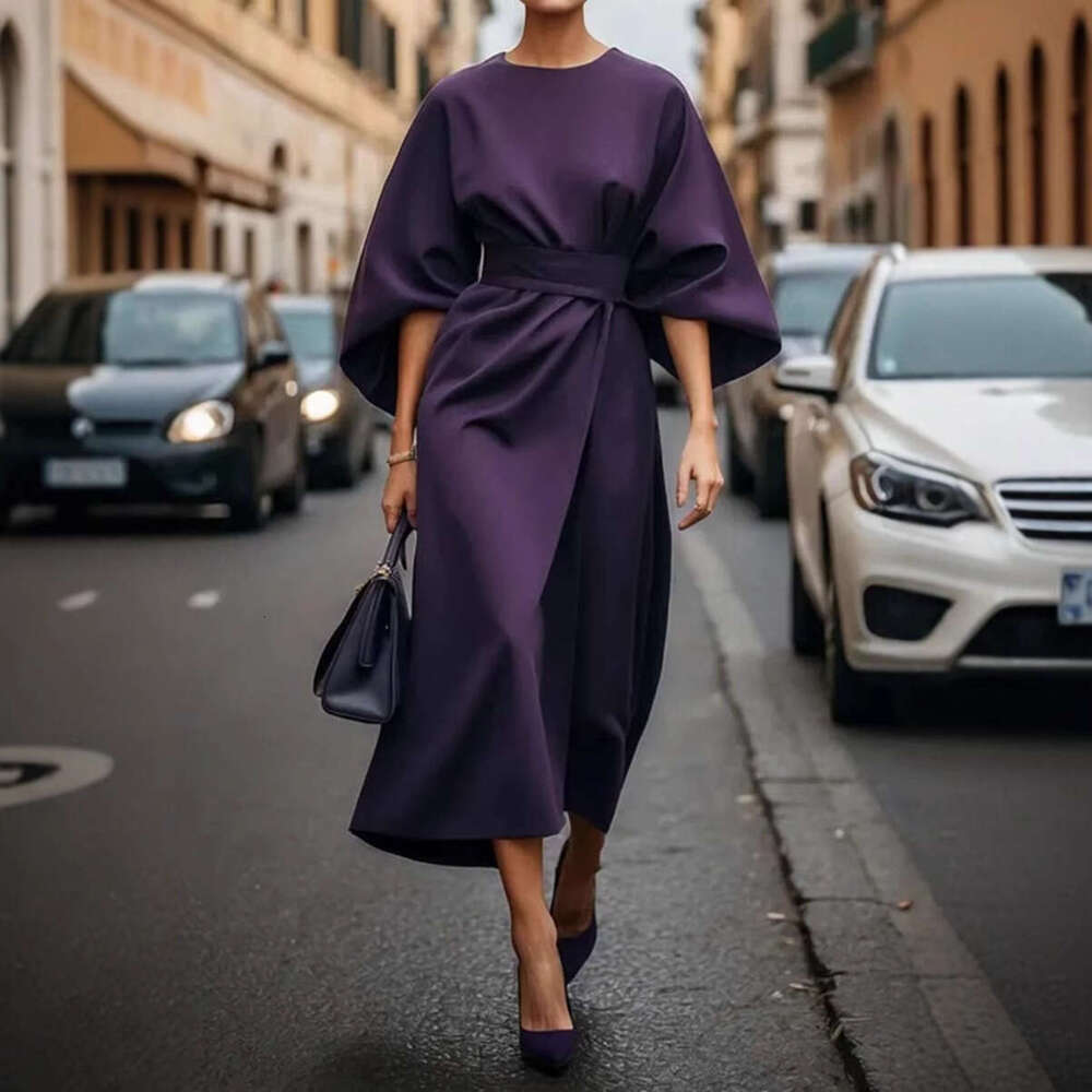 2026 Foreign Trade Women's Clothing European and American Cross-Border Fashion Elegant Solid Color Waist-Cinching Casual Bat-Sleeve Long Dress