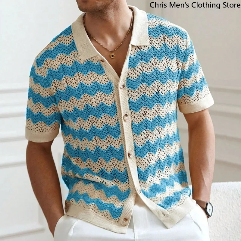Summer Hollow-knit Mens Shirt Business Leisure High Quality Lapel Mens Knit Shirt Street Fashion Mens Cardigan 260327