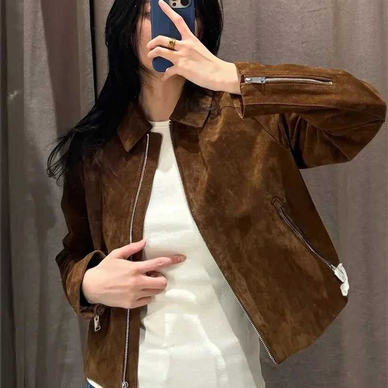 HXAO Cropped Coat Suede Jacket Women Demi-Season Faux Leather Jacket Outerwears Long Sleeve Bomber Jacket Zip Up Short CoatT260328