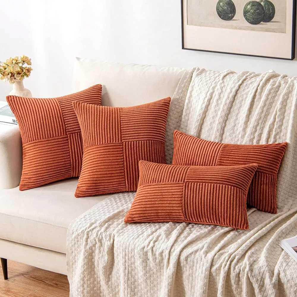 Rust Boho Throw Pillow Cover 18x18 Inch for Couch Bed Sofa Soft Corss Corduroy Patchwork Textured Terracotta Accent Cushion Case H260330 - view 5