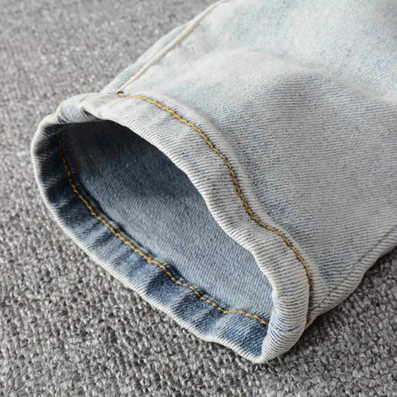 Men Crystal Holes Ripped Patchwork Jeans Streetwear Light Blue Denim Slim Skinny Pencil Pants Trousers 260327