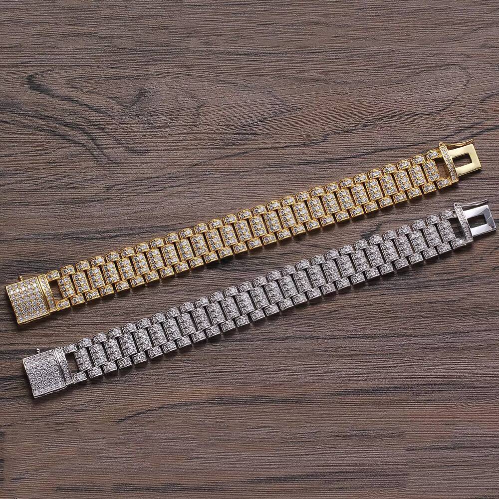 Mens Hip Hop Jewelry 18MM White Gold Plated Cubic Moissanite Iced Out Bracelet Watch Link Chain Bracelet