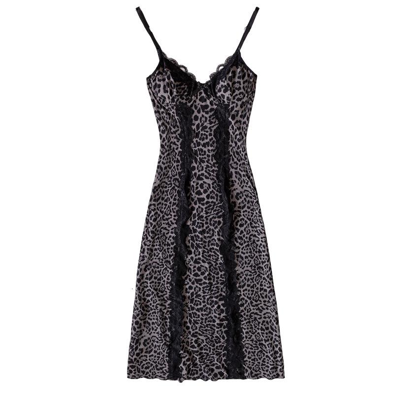 Elegant Women Sexy Leopard Print Sheer Mesh Nightgown Lace Trim Spaghetti Strap High Slit Maxi Dress Sleepwear Lingerie