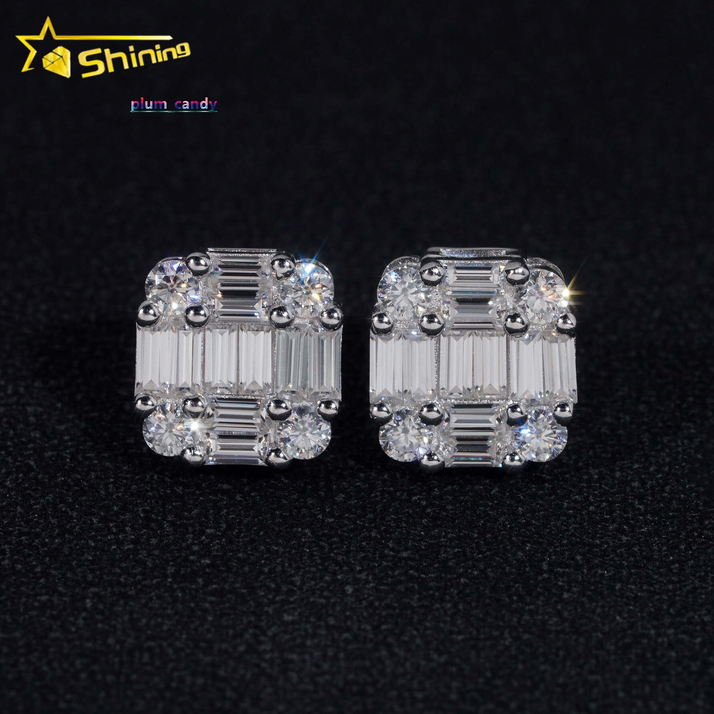 New Arrival Hip Hop Design Baguette Diamond VVS Iced Out Moissanite Stud Earrings for Men