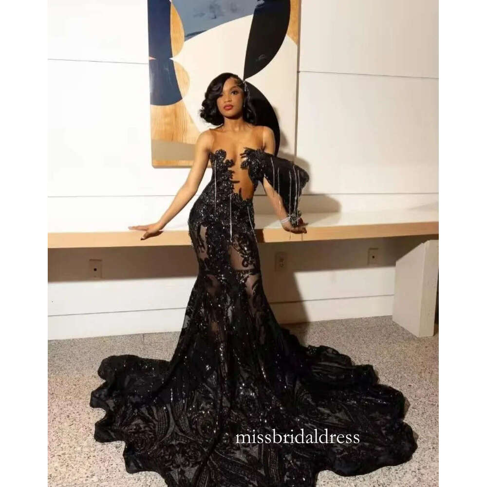 Elegant Mermaid Dresses For Black Girls 2026 New Sexy Sheer Jewel Neck Glitter Beads Sequins For Prom Gala Evening Gowns D31 D0327