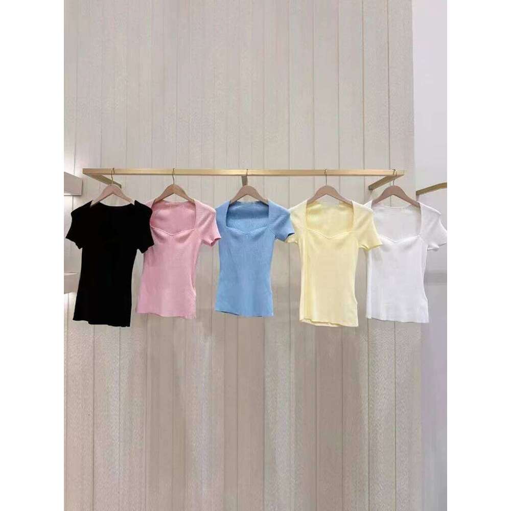 Asian Size Square Neck Short Sleeved Knitted Sweater For Women,Slim Fit,Simple,Versatile,Sexy T-Shirt,French Single, Summer Mdng260330