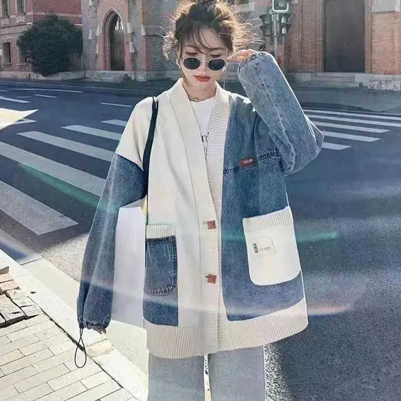 New Oversized Womens Denim Coat Autumn Design Sense Loose Baseball Jacket Top Fashion Female Sweater Patchwork Outerwear 4XLT260328