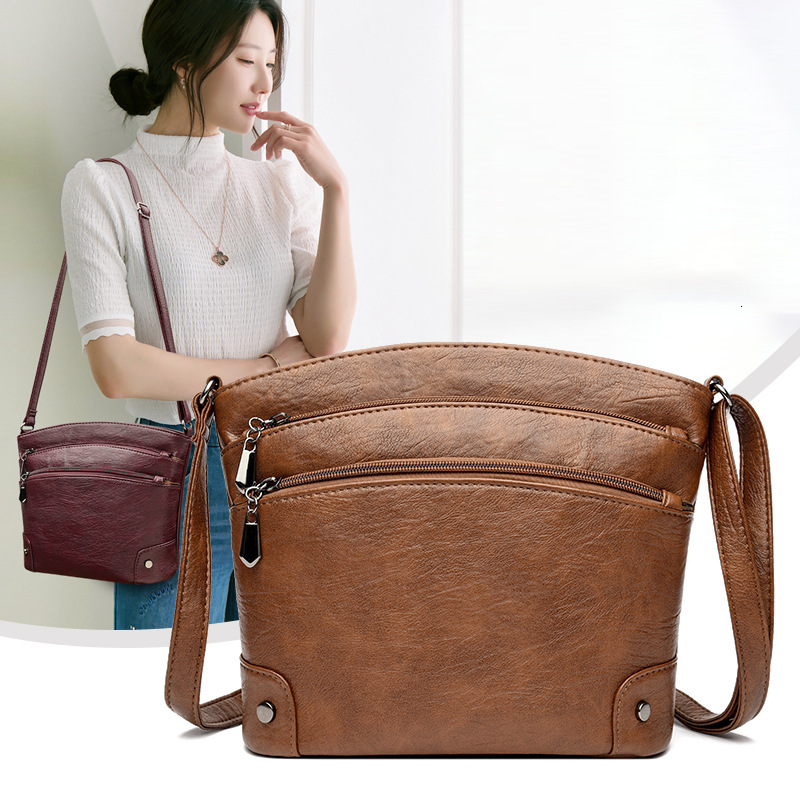 PU women's 2025 new vintage fashion multi-layer bucket soft leather ladies' shoulder crossbody bag for middle-aged mothers