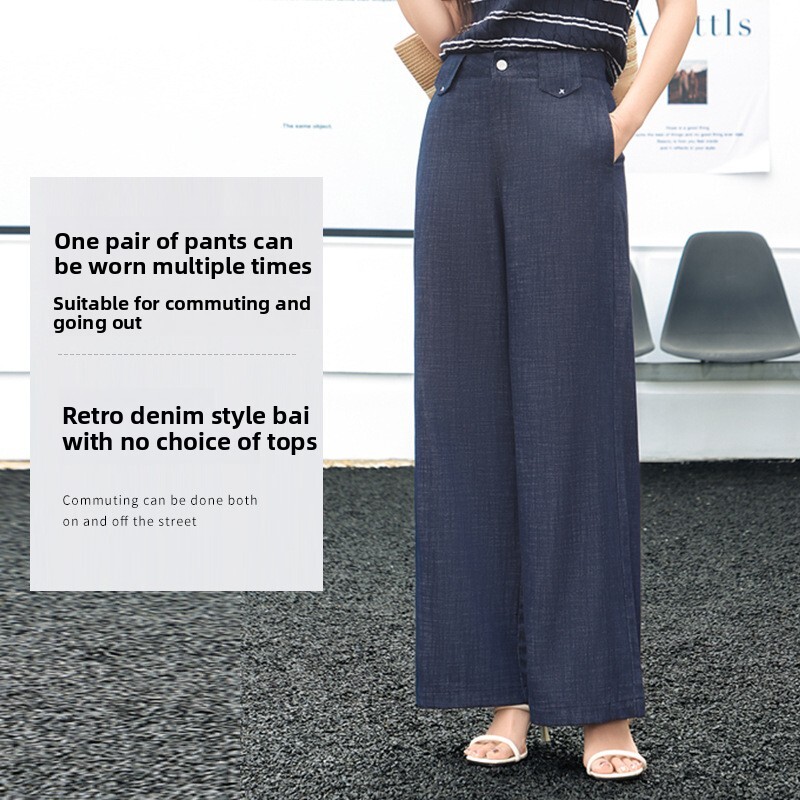 Casual curved-leg breathable and slimming wide-leg pants, spring-summer women's fashionable silhouette retro topstitch jeans wholesale