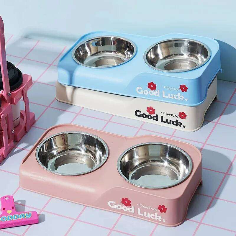 Stainless steel double-bowl elevated pet feeding bowl with non-slip foldable stand suitable for small to medium dogs and cats 26W0330
