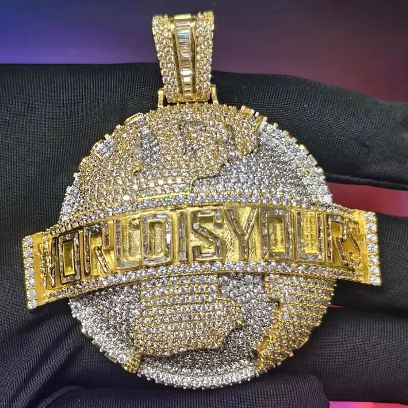 Iced Out World Is Yours Globe Pendant Gold and Silver Tone Hip Hop Jewellery for Men