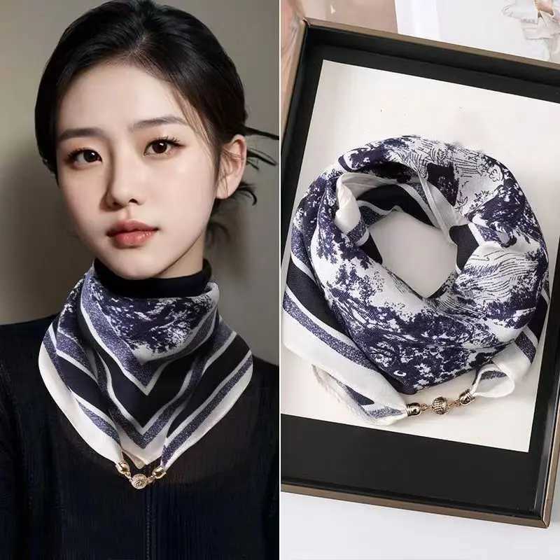 Luxury High-End Silk Scarf With Magnetic Buckle Satin Finish Breathable Sunscreen Neck Protector Lightweight Women Square Scarf Z260330