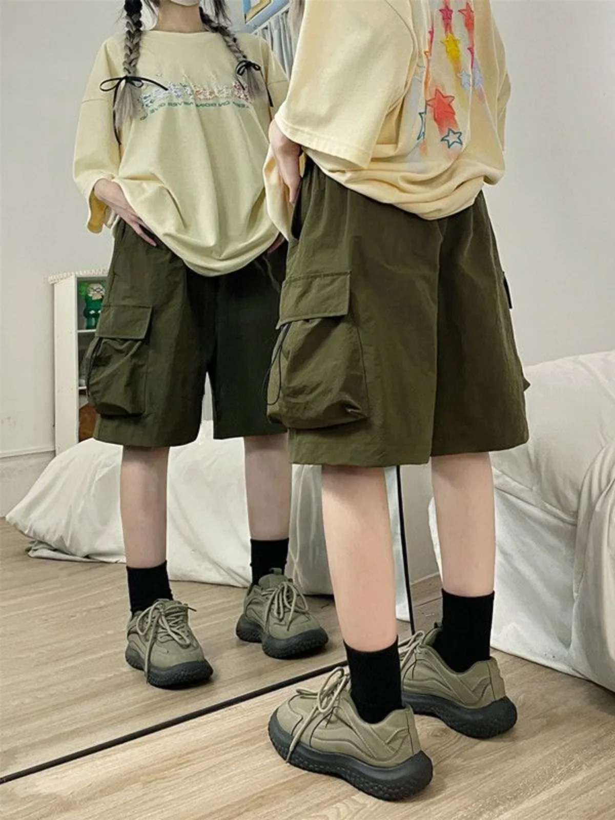 Women High Waist Cargo Shorts American Style Streetwear Summer Wide Leg Pants Fashion Female Big Pocket Loose Shorts 260327