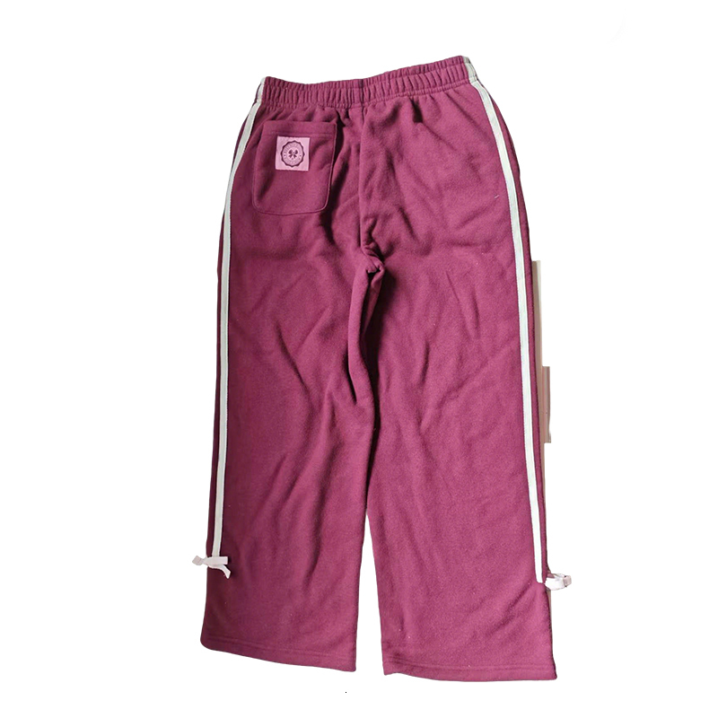 Kids Girls Burgundy Soft Fleece Pants with White Side Stripe & Bow Detail, Casual Elastic Waist Trousers
