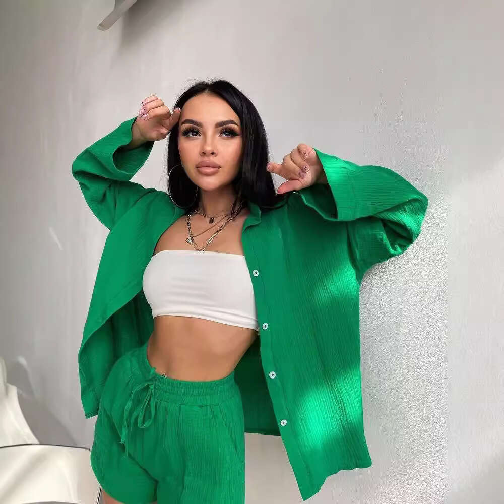 2026 European American cross-border foreign trade new long-sleeve commuter shirt and shorts set for women